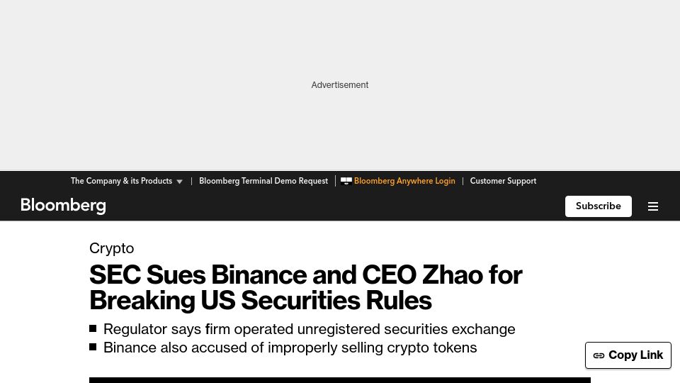 Screenshot of bloomberg.com: SEC Sues Binance and CEO Zhao for Breaking US Securities Rules