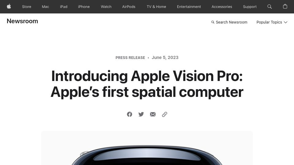 Screenshot of apple.com: Apple Vision Pro: Apple’s first spatial computer