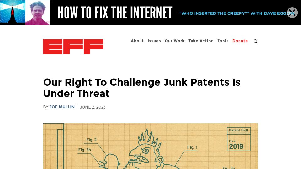 Screenshot of eff.org: Our right to challenge junk patents is under threat