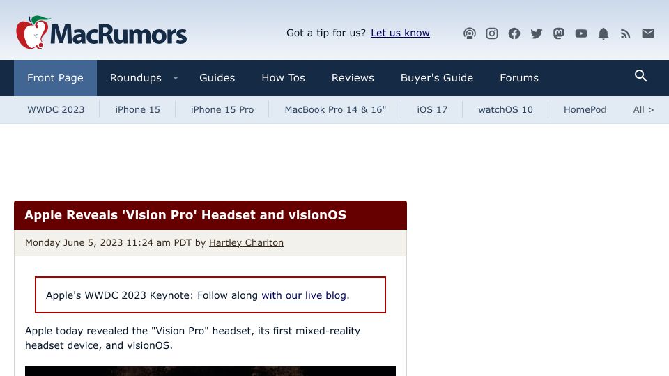 Screenshot of macrumors.com: Apple Reveals 'Vision Pro' Headset