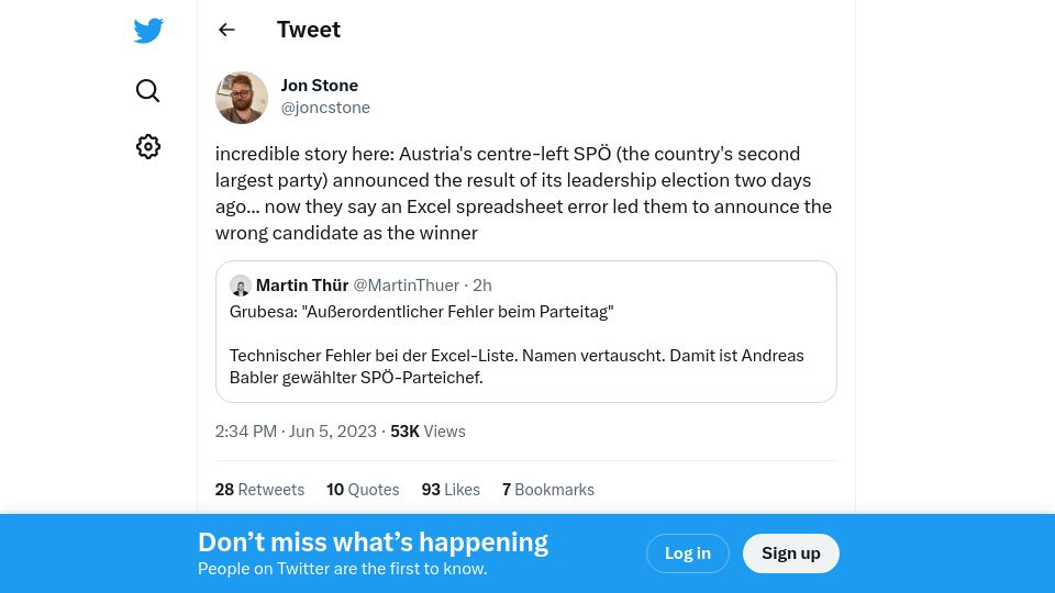 Screenshot of twitter.com: An Excel error led Austria's SPÖ to announce the wrong candidate as the winner