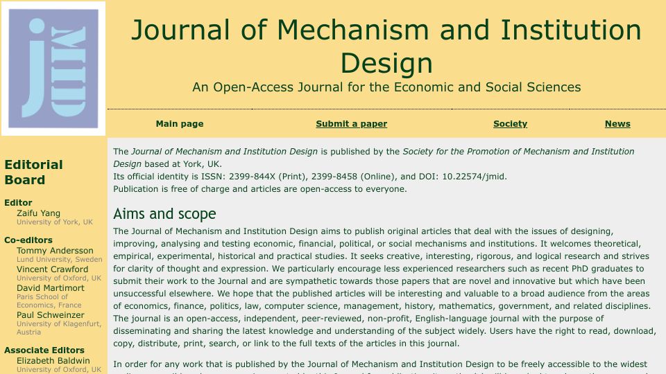 Screenshot of mechanism-design.org: Journal of Mechanism and Institution Design