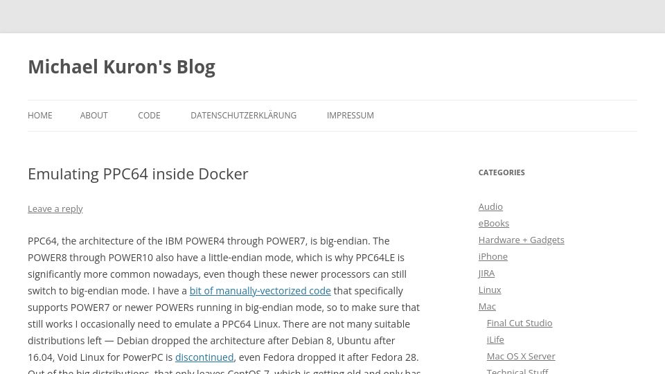 Screenshot of blog.michael.kuron-germany.de: Emulating PPC64 Inside Docker