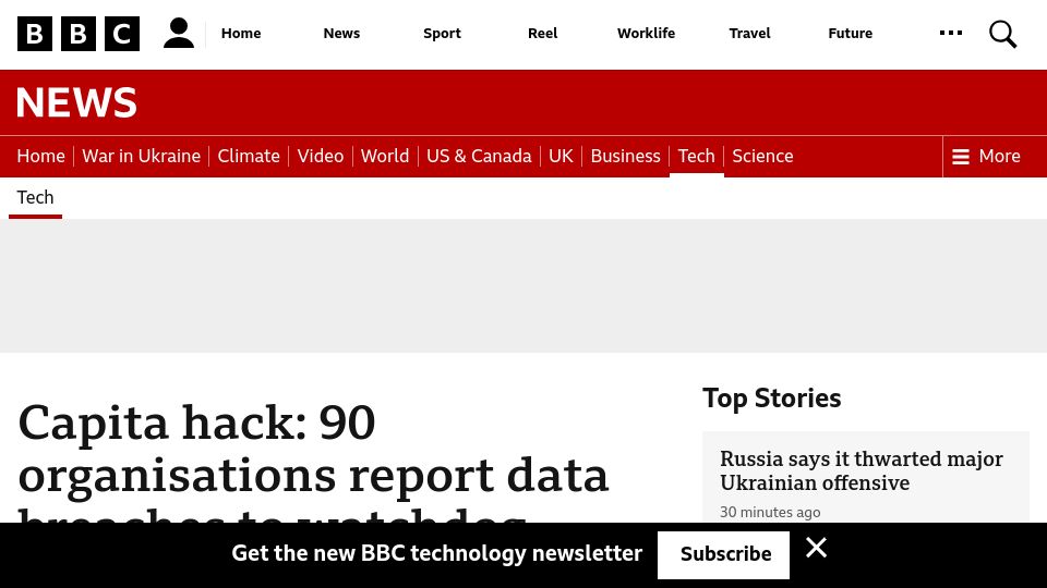 Screenshot of bbc.com: Capita hack: 90 organisations report data breaches to watchdog
