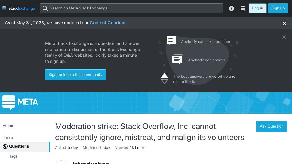 Screenshot of meta.stackexchange.com: Moderation strike