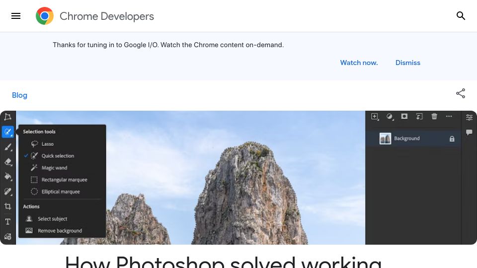 Screenshot of developer.chrome.com: How Photoshop solved working with files larger than can fit into memory