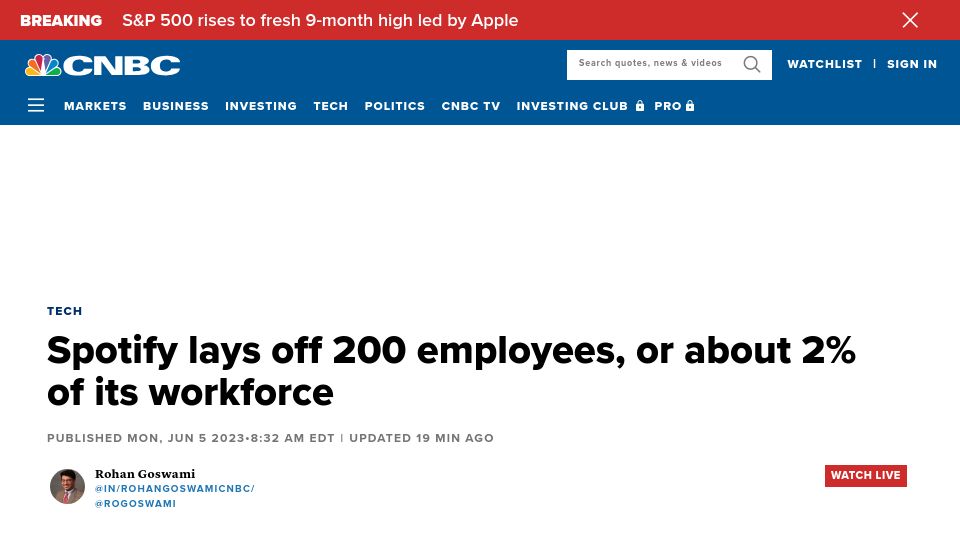 Screenshot of cnbc.com: Spotify lays off 200 employees, or about 2% of its workforce