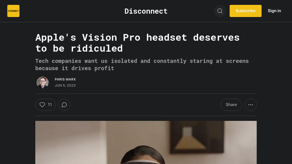 Screenshot of disconnect.blog: Apple's Vision Pro headset deserves to be ridiculed