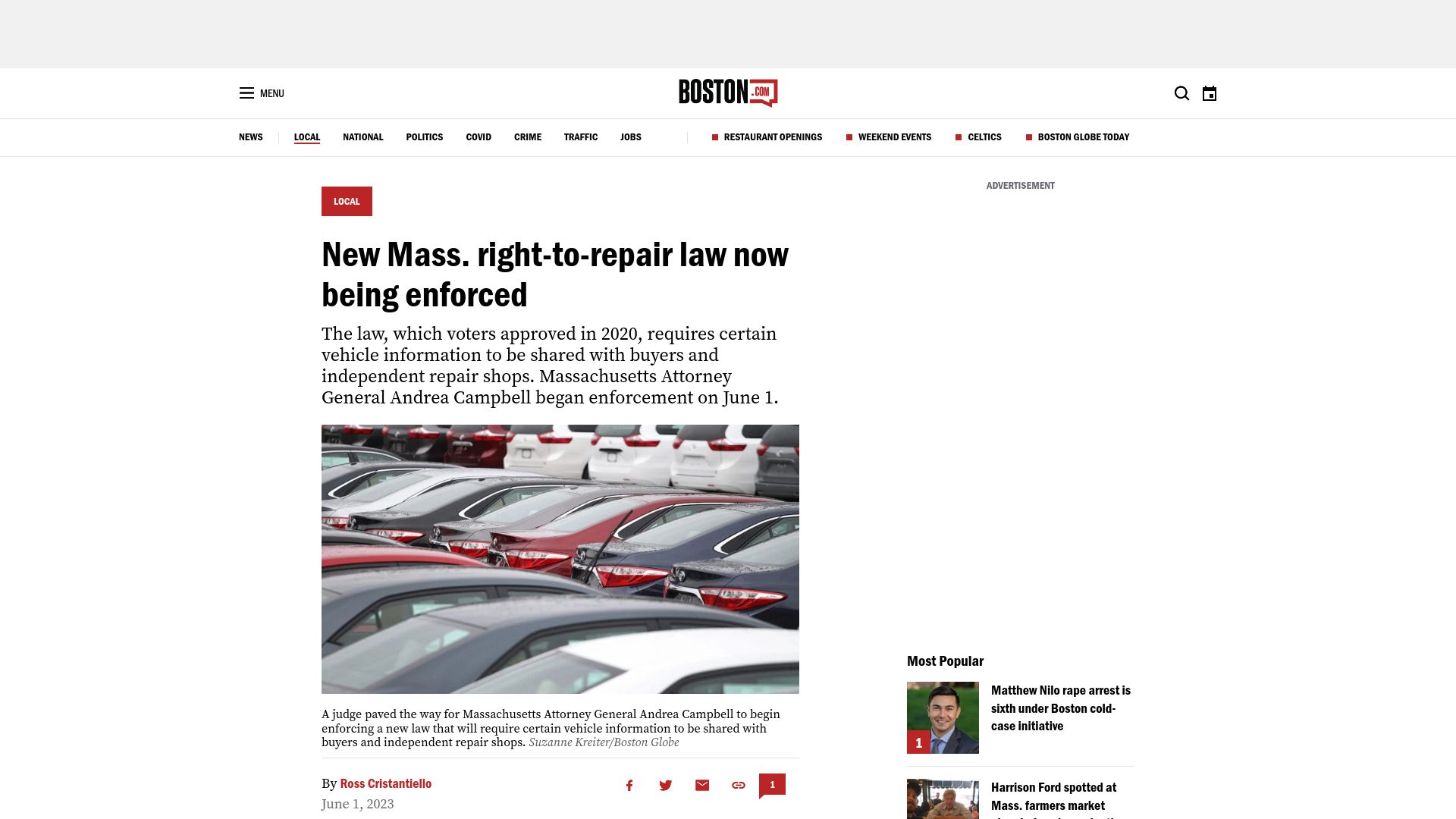Screenshot of boston.com: New Massachusetts right-to-repair law now being enforced
