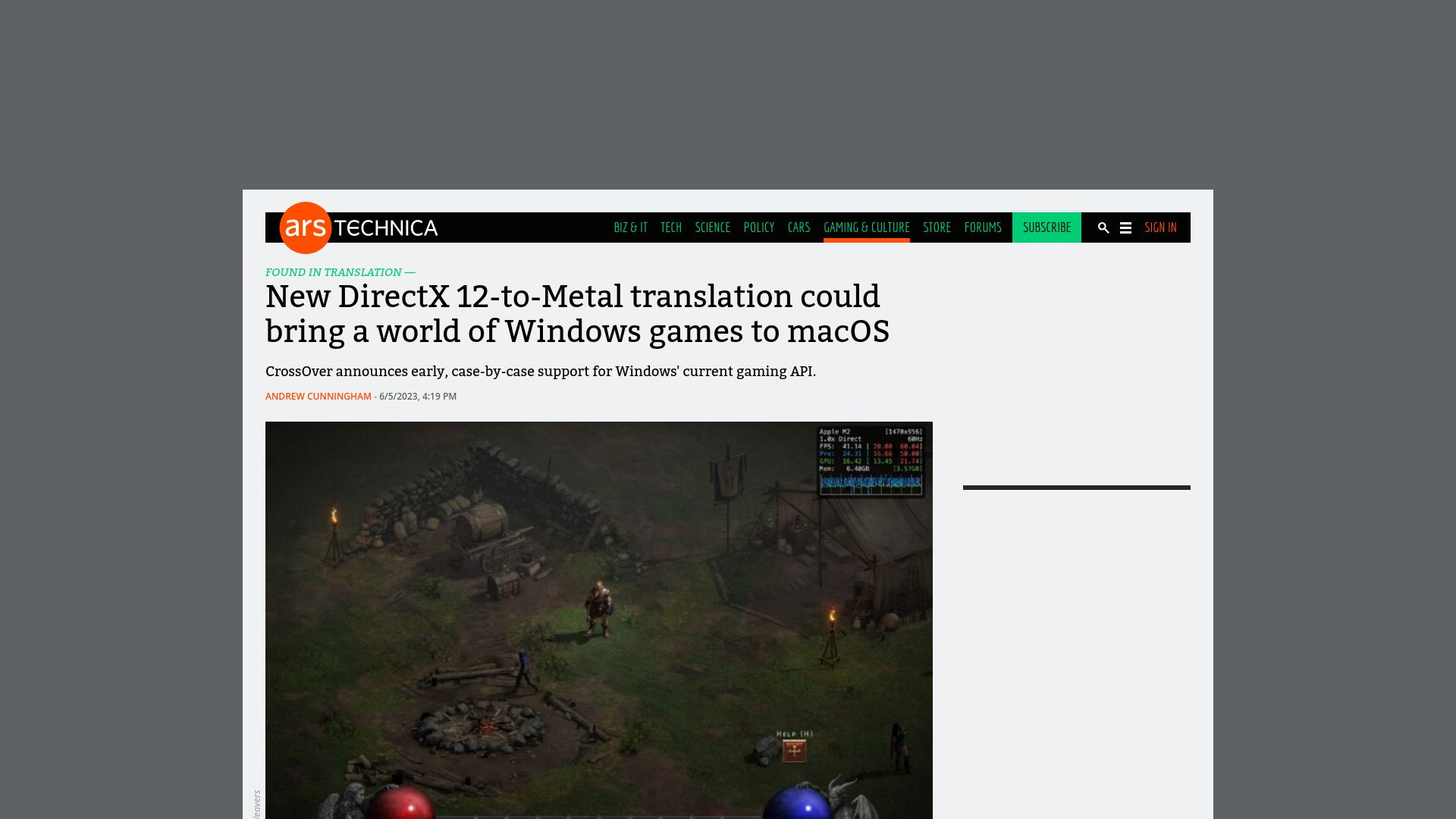 Screenshot of arstechnica.com: New DirectX 12-to-Metal translation could bring a world of Window games to macOS