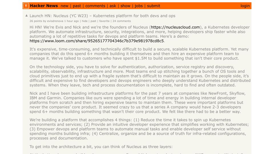 Screenshot of Hacker News post: Launch HN: Nucleus (YC S22) – Kubernetes platform for both devs and ops