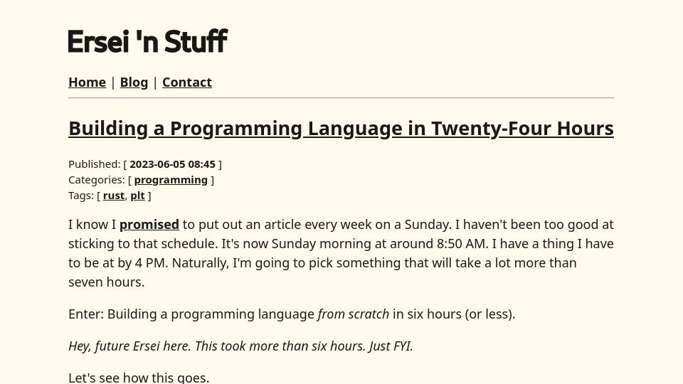 Screenshot of ersei.net: Building a programming language in twenty-four hours