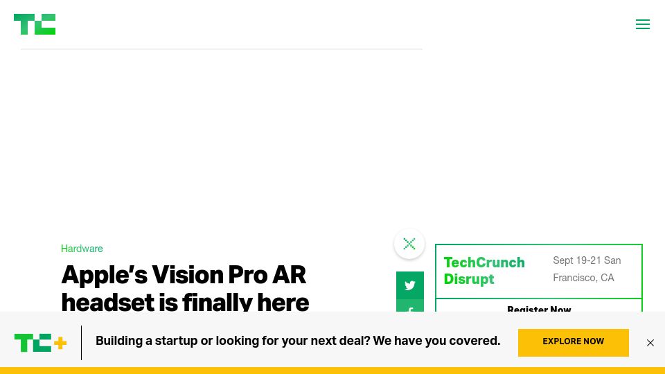 Screenshot of techcrunch.com: Apple’s Vision Pro AR headset is finally here