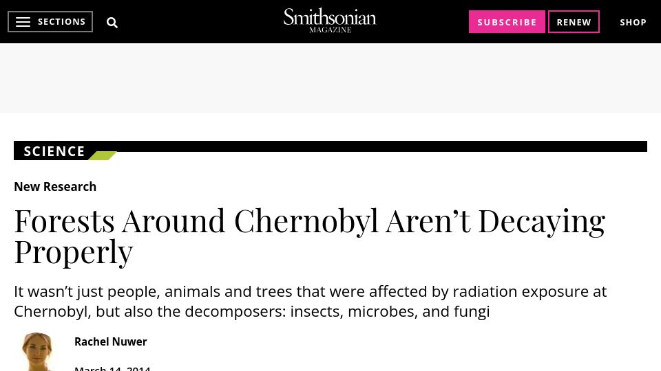 Screenshot of smithsonianmag.com: Forests around Chernobyl aren’t decaying properly (2014)
