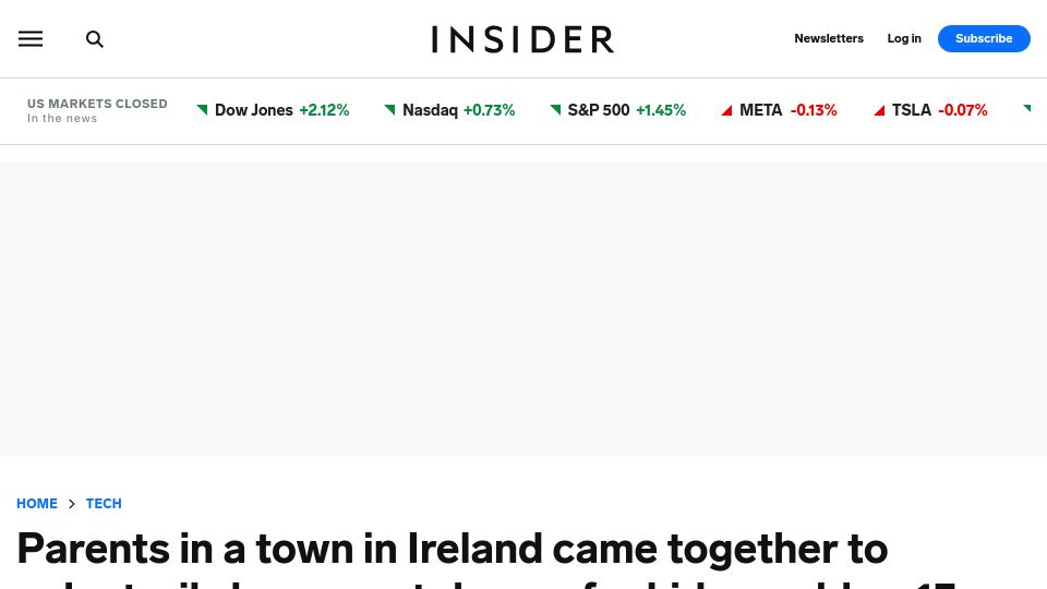 Screenshot of businessinsider.com: Parents in Ireland town to voluntarily ban smartphones for kids as old as 13
