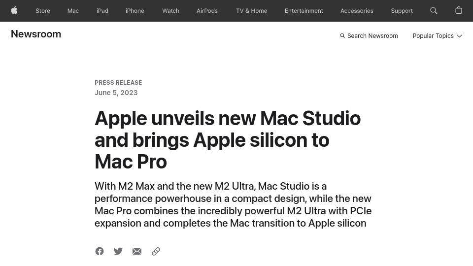 Screenshot of apple.com: Apple unveils new Mac Studio and brings Apple Silicon to Mac Pro