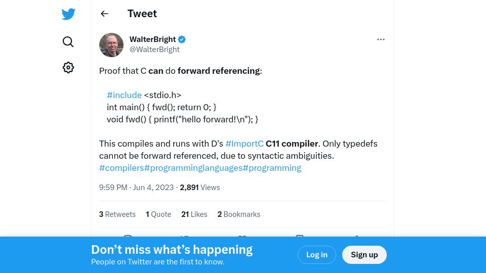 Screenshot of twitter.com: Forward Referencing in C