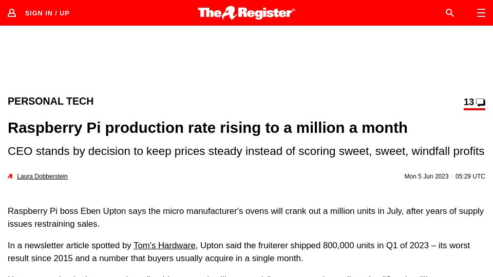 Screenshot of theregister.com: Raspberry Pi production rate rising to a million a month
