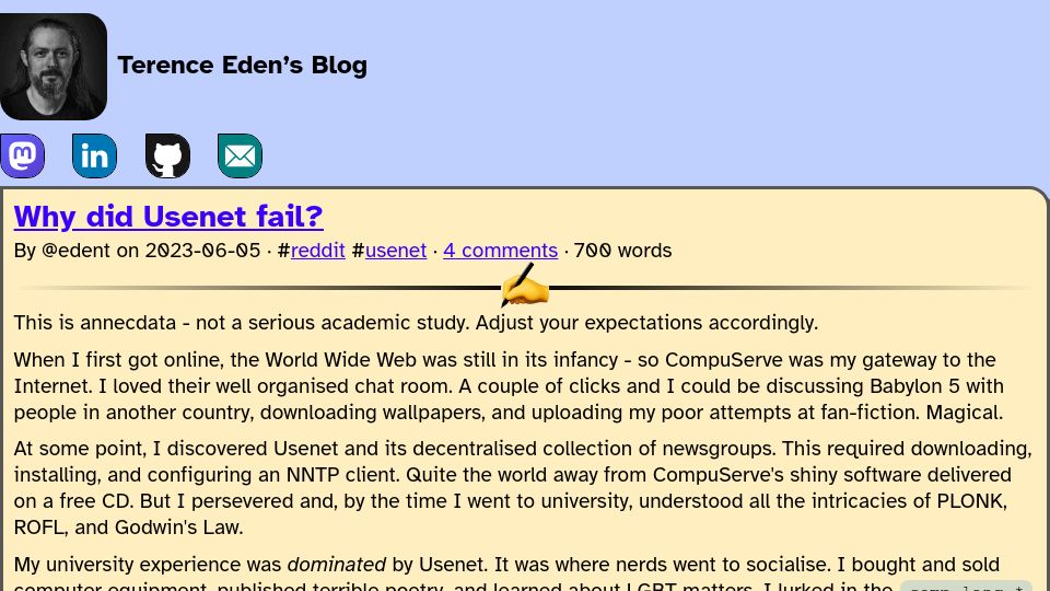 Screenshot of shkspr.mobi: Why did Usenet fail?