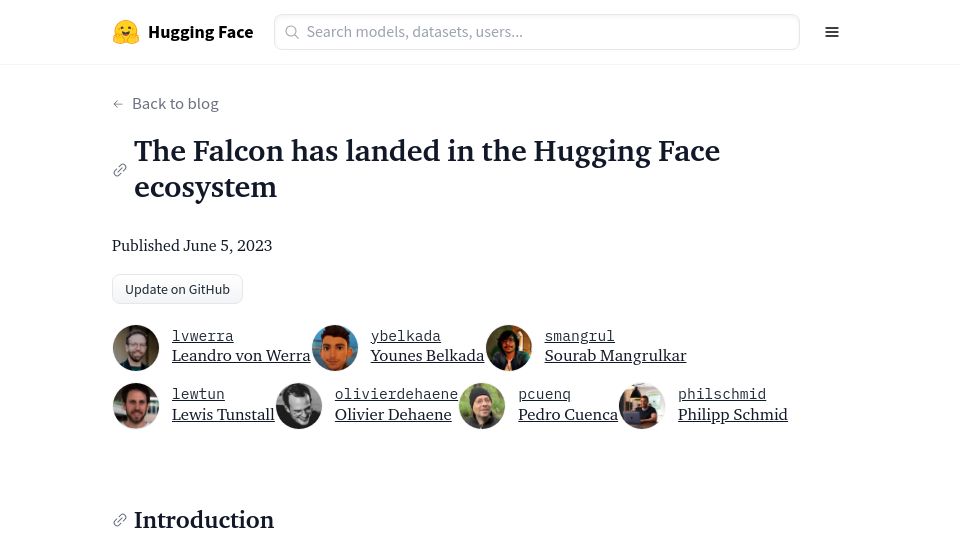 Screenshot of huggingface.co: The Falcon has landed in the Hugging Face ecosystem