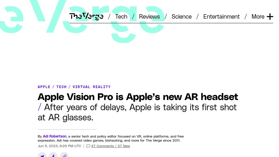 Screenshot of theverge.com: Apple Vision Pro Is Apple's New VR Headset