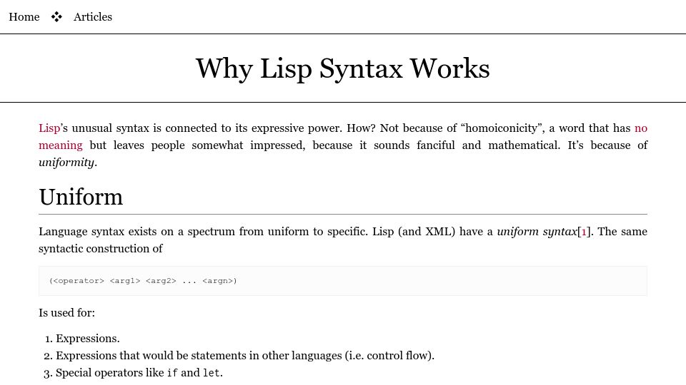 Screenshot of borretti.me: Why Lisp Syntax Works