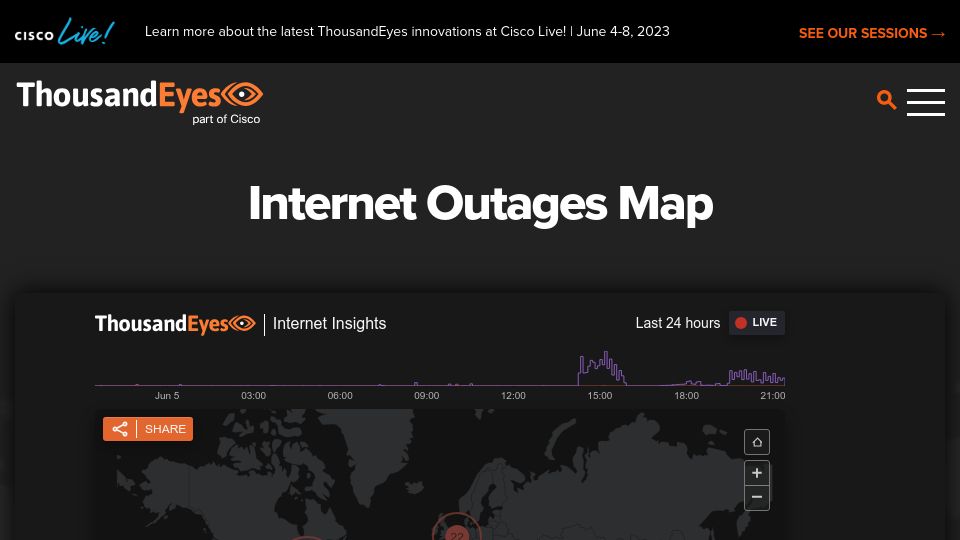 Screenshot of thousandeyes.com: Is there a wider internet outage today?