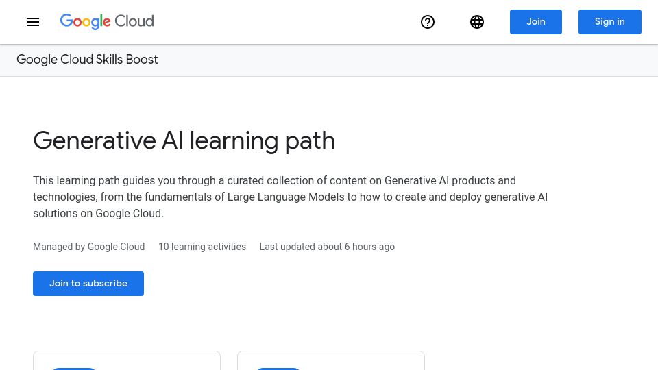 Screenshot of cloudskillsboost.google: Generative AI learning path