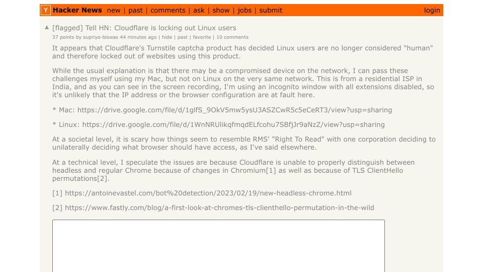 Screenshot of Hacker News post: Tell HN: Cloudflare is locking out Linux users