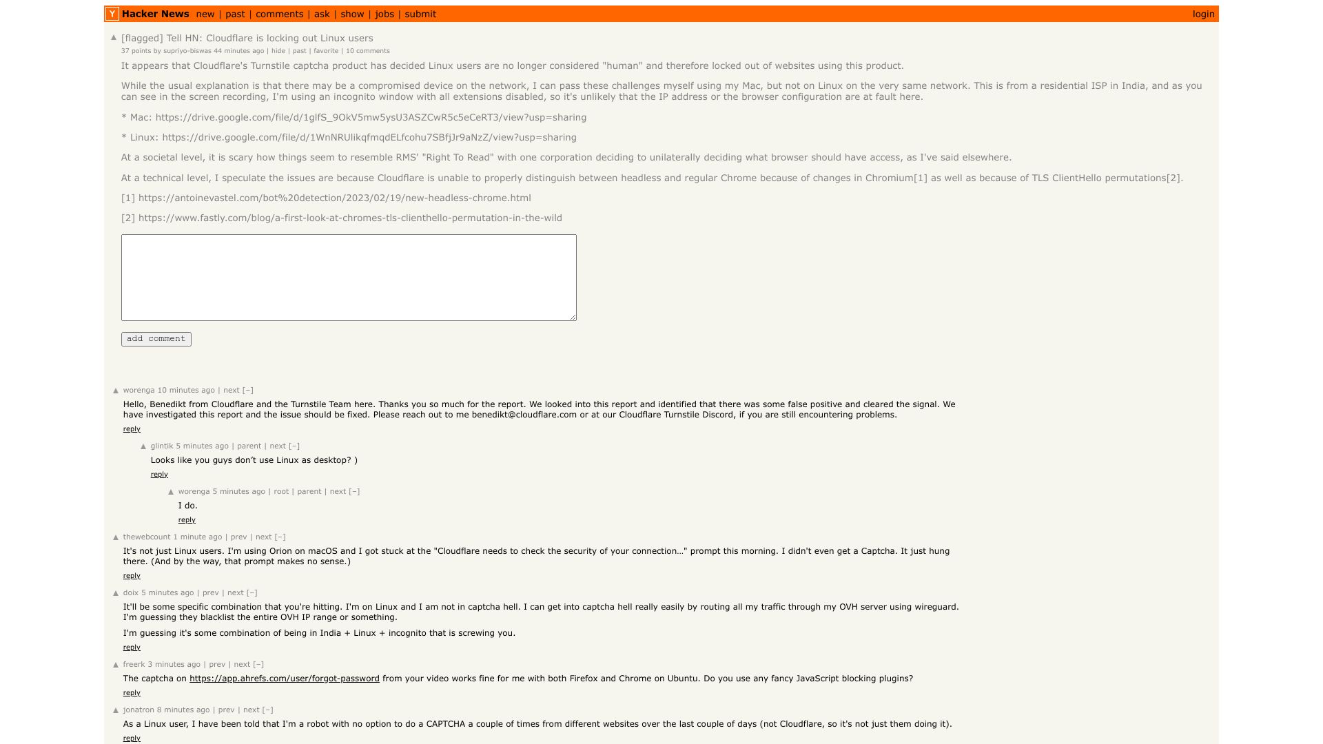 Screenshot of this Hacker News post: Tell HN: Cloudflare is locking out Linux users