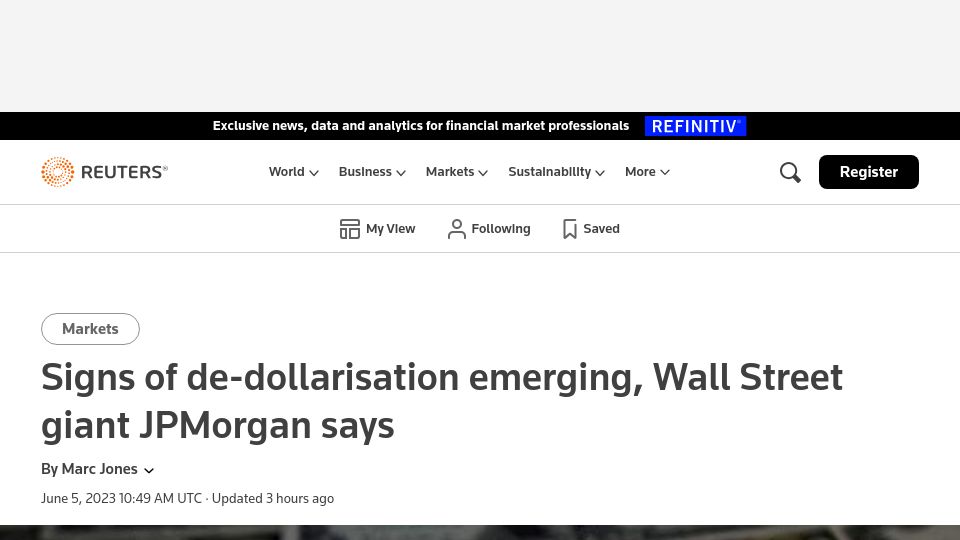 Screenshot of reuters.com: Signs of de-dollarisation emerging, Wall Street giant JPMorgan says