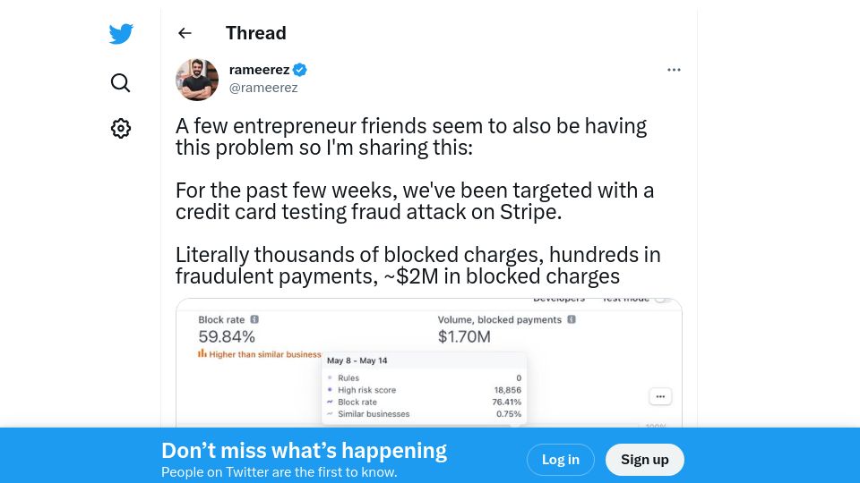 Screenshot of twitter.com: We've been targeted with a credit card testing fraud attack on Stripe