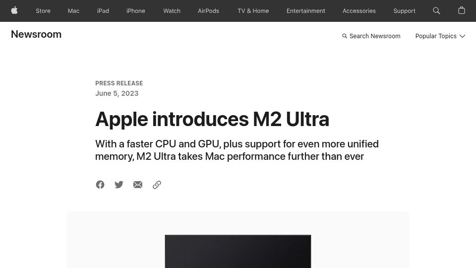 Screenshot of apple.com: Apple Introduces M2 Ultra