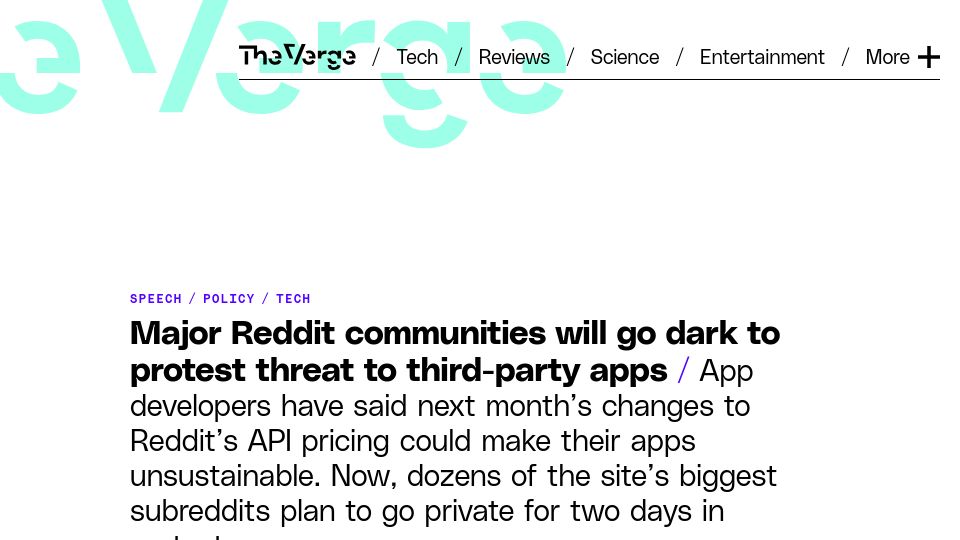 Screenshot of theverge.com: Major Reddit communities will go dark to protest threat to third-party apps