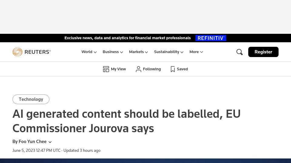 Screenshot of reuters.com: AI generated content should be labelled, EU Commissioner Jourova says