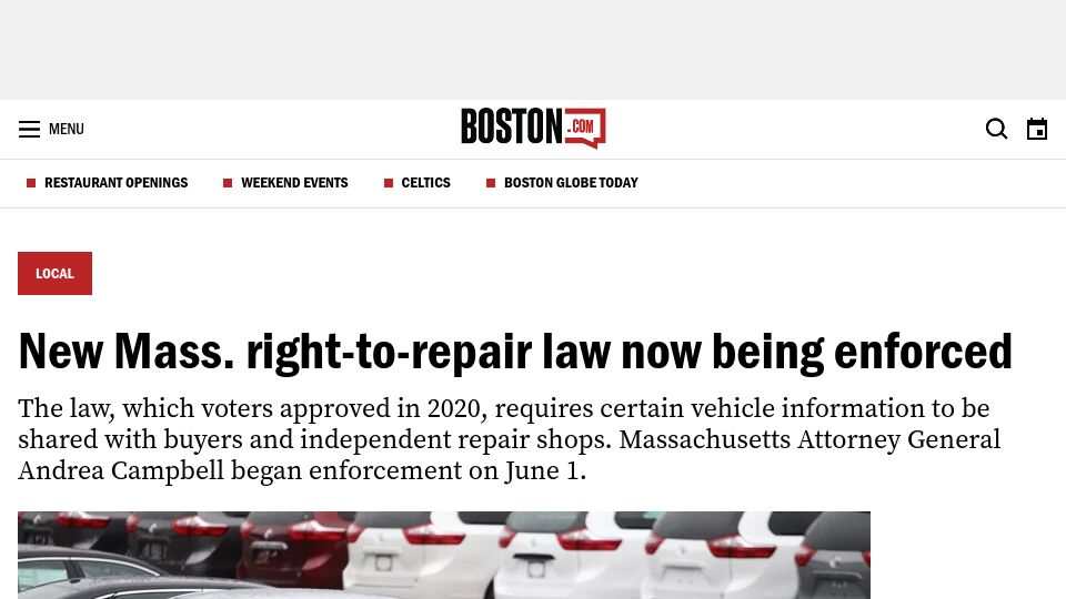 Screenshot of boston.com: New Massachusetts right-to-repair law now being enforced