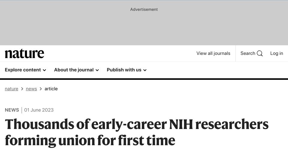 Screenshot of nature.com: Thousands of early-career NIH researchers forming union for first time