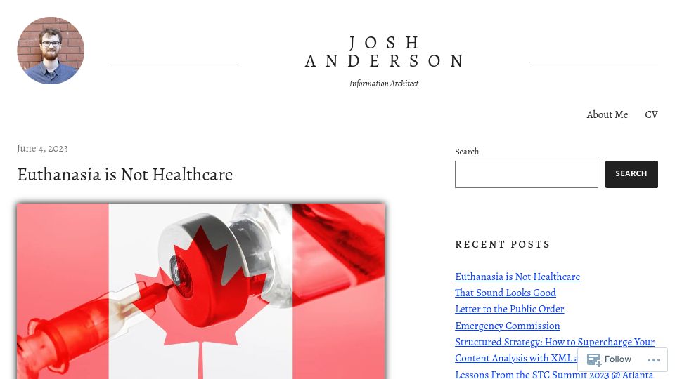 Screenshot of joshanderson.me: Euthanasia Is Not Healthcare