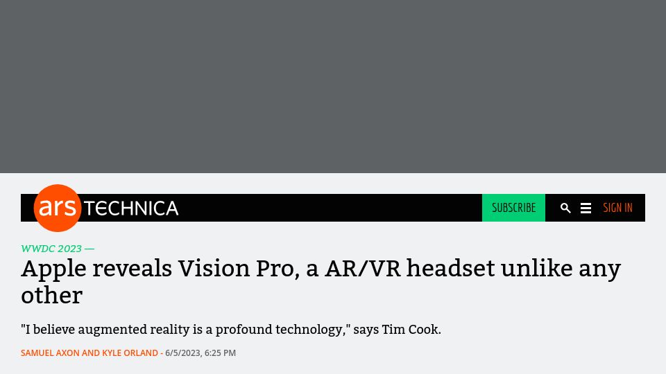 Screenshot of arstechnica.com: Apple reveals Vision Pro, a AR/VR headset unlike any other