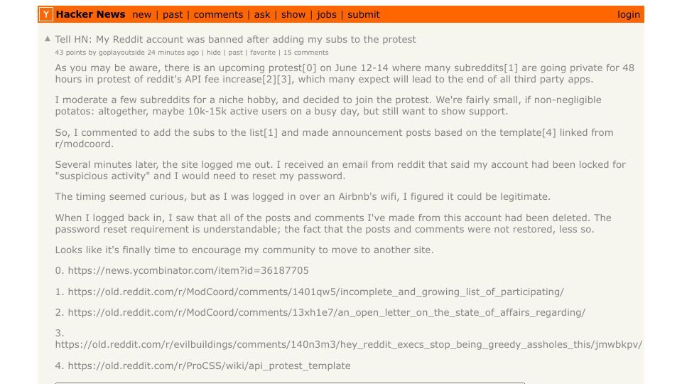 Screenshot of Hacker News post: Tell HN: My Reddit account was banned after adding my subs to the protest