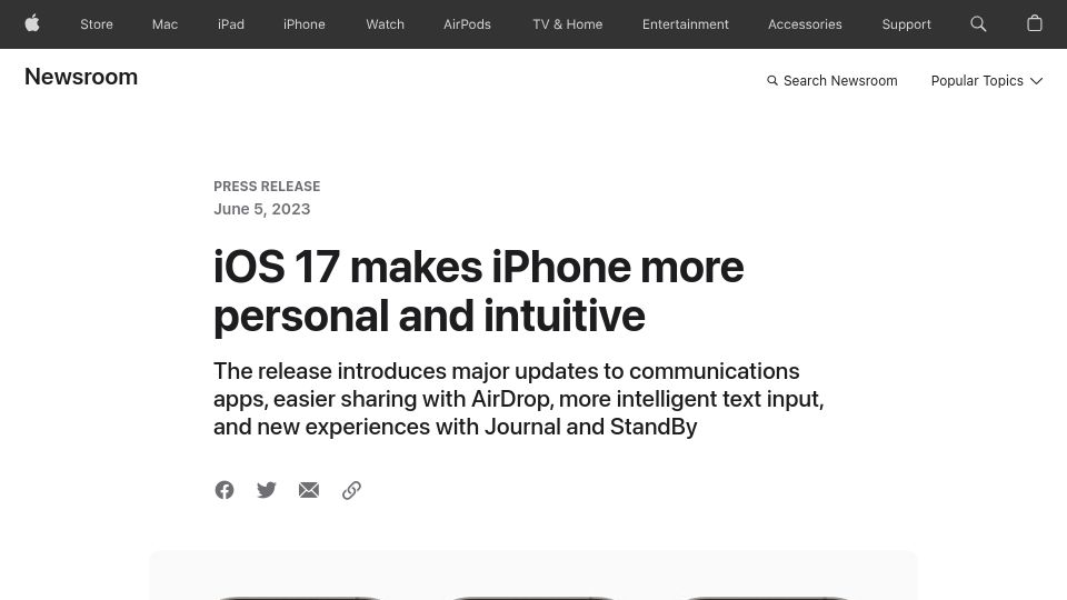 Screenshot of apple.com: iOS 17 makes iPhone more personal and intuitive