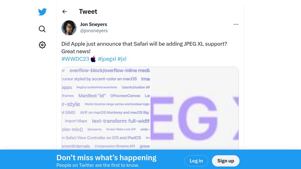 Screenshot of twitter.com: macOS 14 will support JPEG XL