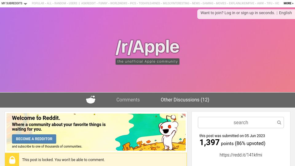 Screenshot of old.reddit.com: iOS Reddit App Apollo's Developer Surprised by WWDC Callout