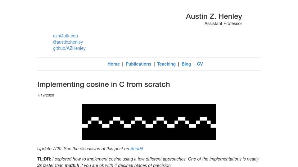 Screenshot of austinhenley.com: Implementing Cosine in C from Scratch (2020)