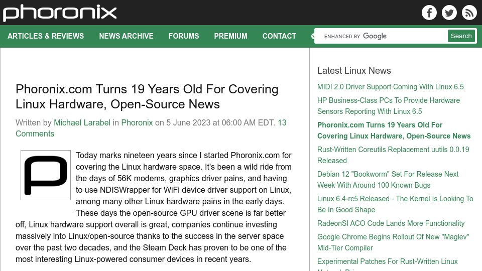 Screenshot of phoronix.com: Phoronix.com Turns 19 Years Old for Covering Linux Hardware, Open-Source News