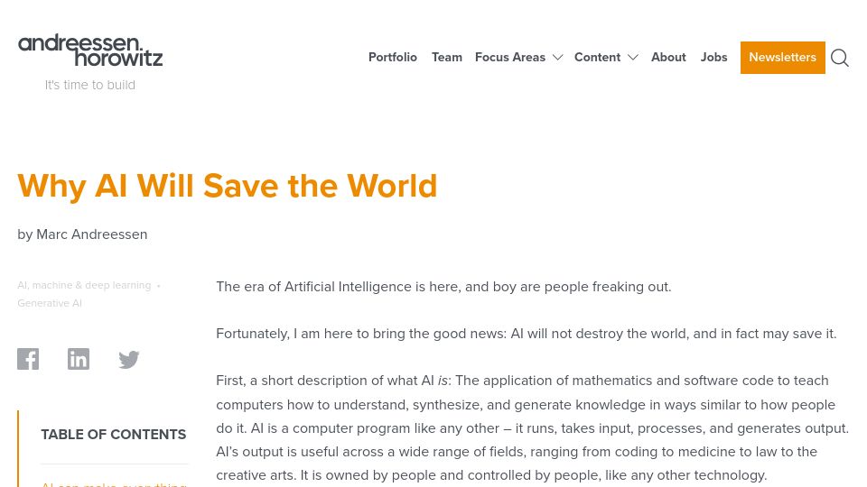 Screenshot of a16z.com: Why AI Will Save the World