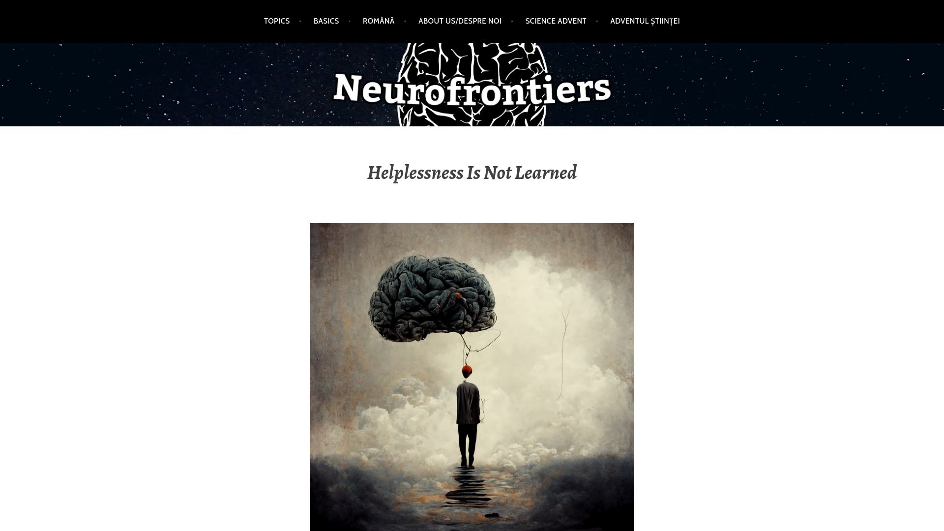 Screenshot of neurofrontiers.blog: Helplessness is not learned (2022)