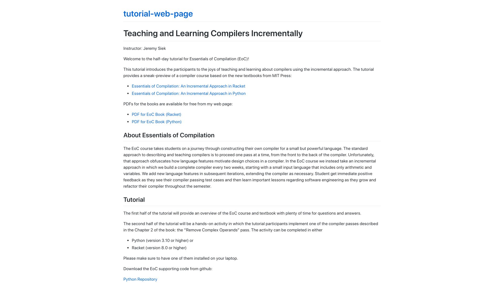 Screenshot of iucompilercourse.github.io: Tutorial: Teaching and Learning Compilers Incrementally