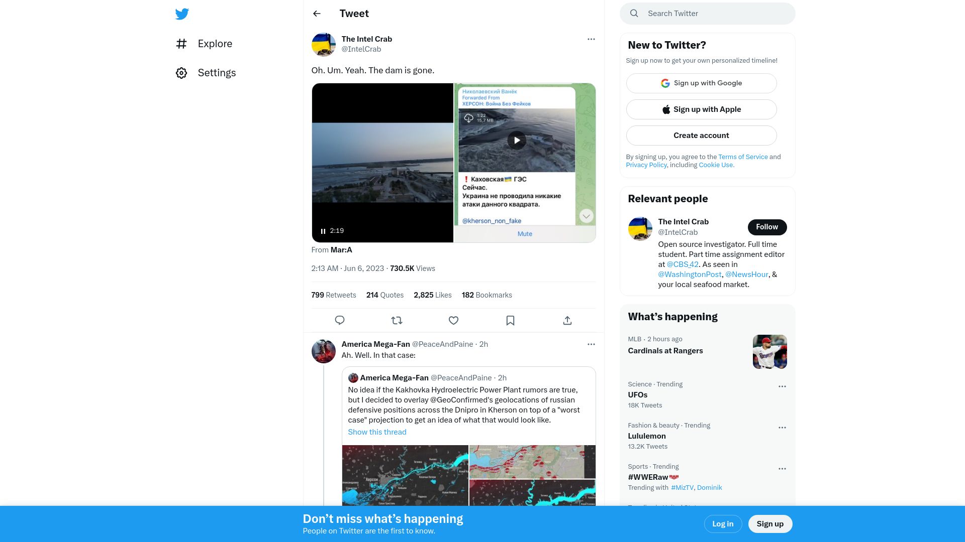 Screenshot of twitter.com: The Nova Kakhovka Hydroelectric dam in Ukraine has been blown open