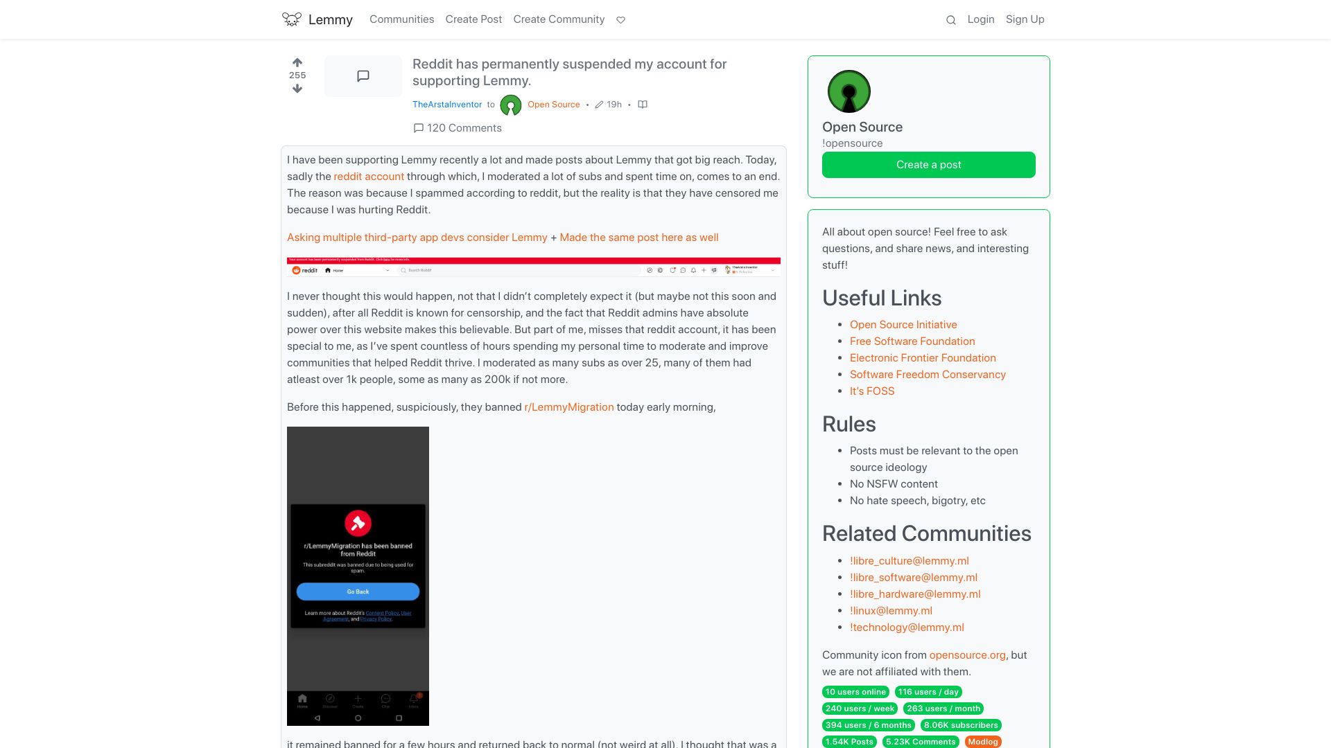 Screenshot of lemmy.ml: Reddit permanently bans account of user advocating Lemmy migration
